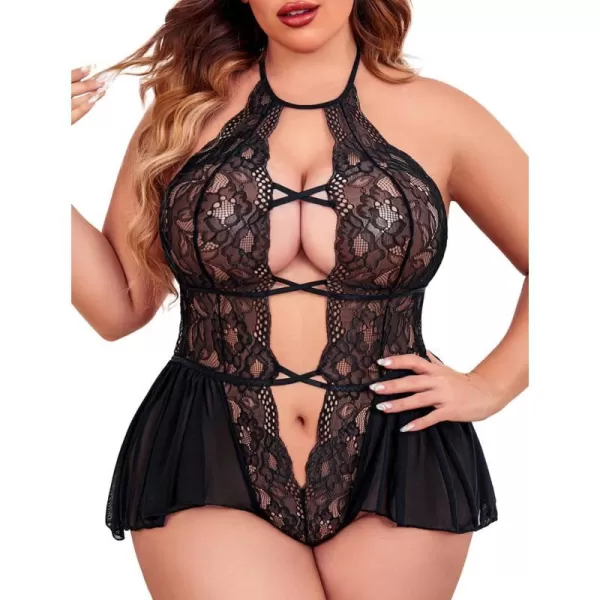 Avidlove Womens Plus Size Lingerie Lace Bodysuit Teddy Deep V One Piece Lace BabydollBlack