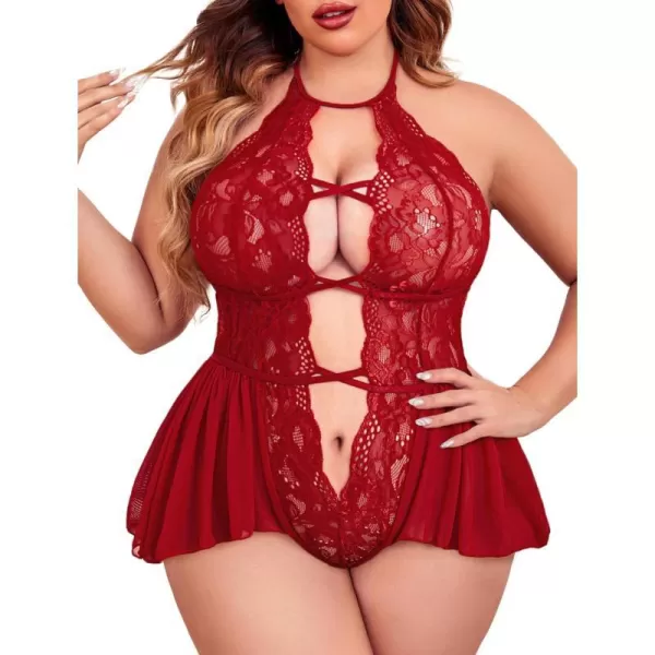 Avidlove Womens Plus Size Lingerie Lace Bodysuit Teddy Deep V One Piece Lace BabydollCardinal Red