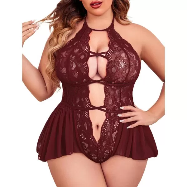 Avidlove Womens Plus Size Lingerie Lace Bodysuit Teddy Deep V One Piece Lace BabydollDark Red