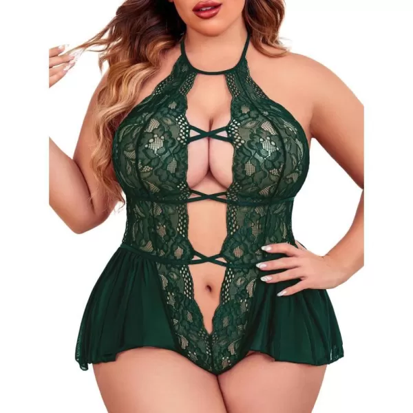 Avidlove Womens Plus Size Lingerie Lace Bodysuit Teddy Deep V One Piece Lace BabydollGreen