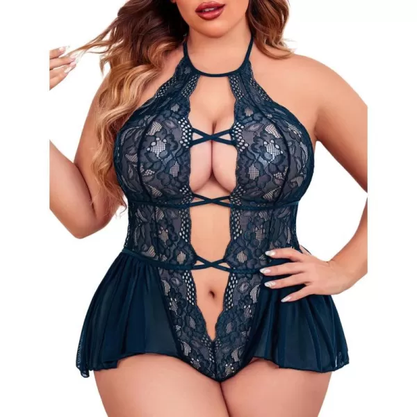 Avidlove Womens Plus Size Lingerie Lace Bodysuit Teddy Deep V One Piece Lace BabydollNavy Blue