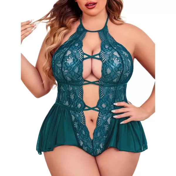 Avidlove Womens Plus Size Lingerie Lace Bodysuit Teddy Deep V One Piece Lace BabydollPeacock Blue