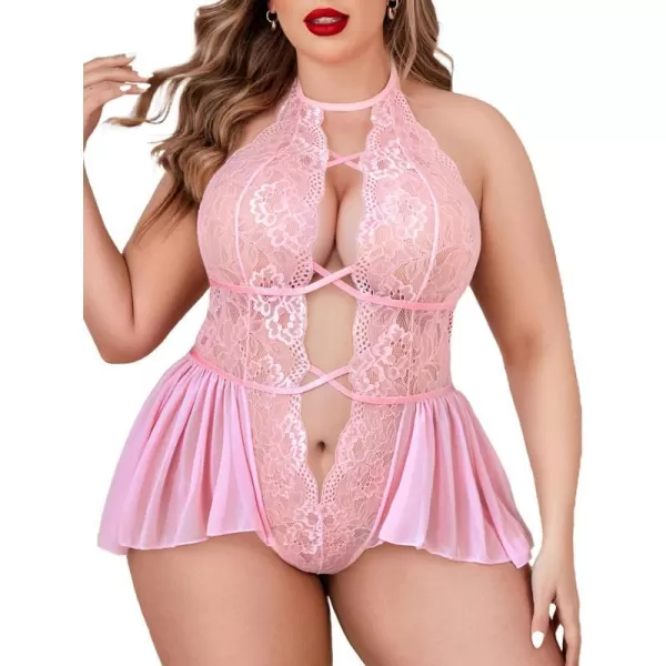 Avidlove Womens Plus Size Lingerie Lace Bodysuit Teddy Deep V One Piece Lace BabydollPink