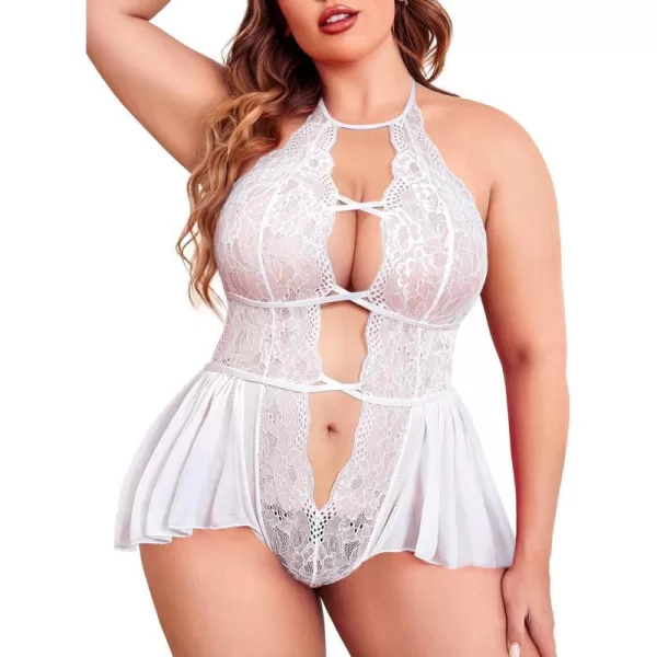 Avidlove Womens Plus Size Lingerie Lace Bodysuit Teddy Deep V One Piece Lace BabydollWhite