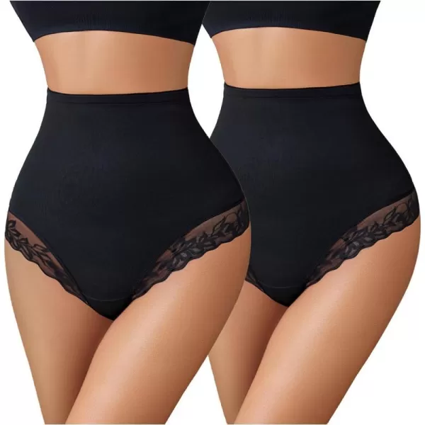 Avidlove Womens Shapewear Control Panties Lace Seamless Tummy Underwear High Waisted Slip ThongsBlack2 Pack