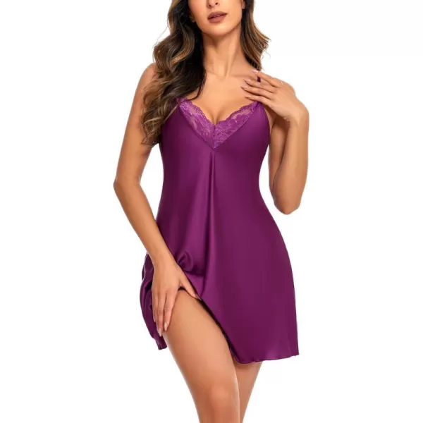 Avidlove Womens Sleepwear Satin Nightgown V Neck Silk Nighty Sleeveless Nightwear Lace ChemisePurple