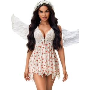 imageAvidlove Women Lace Lingerie Front Closure Babydoll V Neck Nightwear Sexy Chemise NightieStrawberry Print
