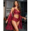 imageAvidlove Women Sexy Lingerie Set 3 Piece Bra and Panty Sets with Lace Kimono Robe Sleepwear Mesh NightgownWine Red