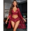 imageAvidlove Women Sexy Lingerie Set 3 Piece Bra and Panty Sets with Lace Kimono Robe Sleepwear Mesh NightgownWine Red