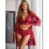 imageAvidlove Women Sexy Lingerie Set 3 Piece Bra and Panty Sets with Lace Kimono Robe Sleepwear Mesh NightgownWine Red