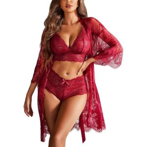 imageAvidlove Women Sexy Lingerie Set 3 Piece Bra and Panty Sets with Lace Kimono Robe Sleepwear Mesh NightgownWine Red