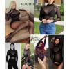 imageAvidlove Long Sleeve Bodysuit for Women Turtleneck Sheer Mesh Bodysuit Geo Print LeotardsBlack02