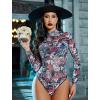 imageAvidlove Long Sleeve Bodysuit for Women Turtleneck Sheer Mesh Bodysuit Geo Print LeotardsHorror Skull