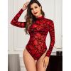 imageAvidlove Long Sleeve Bodysuit for Women Turtleneck Sheer Mesh Bodysuit Geo Print LeotardsRed
