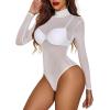 imageAvidlove Long Sleeve Bodysuit for Women Turtleneck Sheer Mesh Bodysuit Geo Print LeotardsWhite02