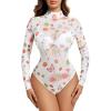 imageAvidlove Long Sleeve Bodysuit for Women Turtleneck Sheer Mesh Bodysuit Geo Print LeotardsWhite Floral