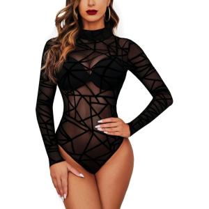 imageAvidlove Long Sleeve Bodysuit for Women Turtleneck Sheer Mesh Bodysuit Geo Print LeotardsBlack