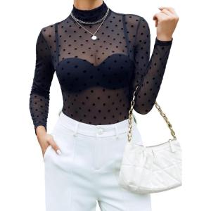 imageAvidlove Long Sleeve Bodysuit for Women Turtleneck Sheer Mesh Bodysuit Geo Print LeotardsBlack Polka Dots