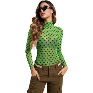 imageAvidlove Long Sleeve Bodysuit for Women Turtleneck Sheer Mesh Bodysuit Geo Print LeotardsGreen