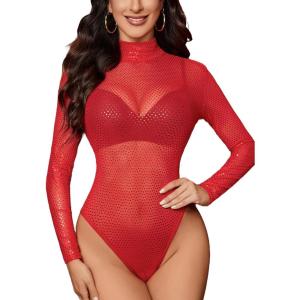 imageAvidlove Long Sleeve Bodysuit for Women Turtleneck Sheer Mesh Bodysuit Geo Print LeotardsRed Sequin