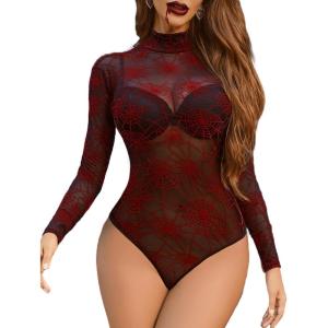 imageAvidlove Long Sleeve Bodysuit for Women Turtleneck Sheer Mesh Bodysuit Geo Print LeotardsRed Spider Web