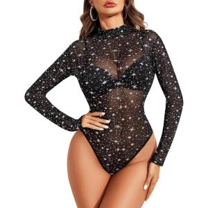 imageAvidlove Long Sleeve Bodysuit for Women Turtleneck Sheer Mesh Bodysuit Geo Print LeotardsSparkle Star