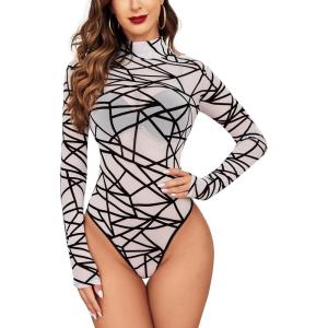 imageAvidlove Long Sleeve Bodysuit for Women Turtleneck Sheer Mesh Bodysuit Geo Print LeotardsWhite