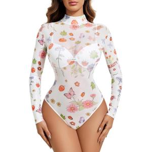 imageAvidlove Long Sleeve Bodysuit for Women Turtleneck Sheer Mesh Bodysuit Geo Print LeotardsWhite Floral