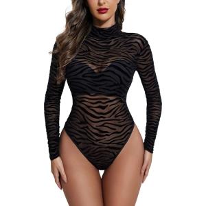 imageAvidlove Long Sleeve Bodysuit for Women Turtleneck Sheer Mesh Bodysuit Geo Print LeotardsZebra Print