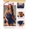 imageAvidlove Lingerie for Women Sexy Lace Babydoll Mesh Chemise Boudoir Nighty with Garter BeltNavy Blue