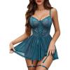 imageAvidlove Lingerie for Women Sexy Lace Babydoll Mesh Chemise Boudoir Nighty with Garter BeltBlue Green