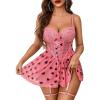 imageAvidlove Lingerie for Women Sexy Lace Babydoll Mesh Chemise Boudoir Nighty with Garter BeltPink Love Heart Print