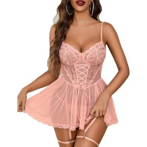 imageAvidlove Lingerie for Women Sexy Lace Babydoll Mesh Chemise Boudoir Nighty with Garter BeltDrak Pink