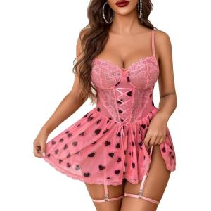 imageAvidlove Lingerie for Women Sexy Lace Babydoll Mesh Chemise Boudoir Nighty with Garter BeltPink Love Heart Print