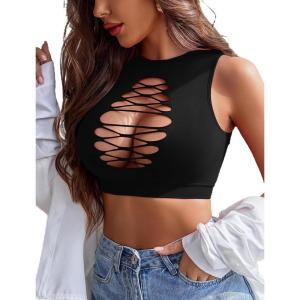 imageAvidlove Womens Fishnet Top Sexy Cut Out Crop Short Hollow Out Cropped Tank TopS M LBlack