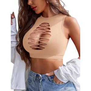 imageAvidlove Womens Fishnet Top Sexy Cut Out Crop Short Hollow Out Cropped Tank TopS M LChampagne