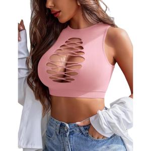 imageAvidlove Womens Fishnet Top Sexy Cut Out Crop Short Hollow Out Cropped Tank TopS M LPink