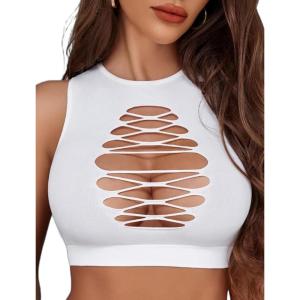 imageAvidlove Womens Fishnet Top Sexy Cut Out Crop Short Hollow Out Cropped Tank TopS M LWhite