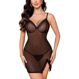 imageAvidlove Lingerie for Women Sexy Babydoll Lingerie Sheer Mesh Bodycon Mini Night Out Club Dress Side SlitPure Black