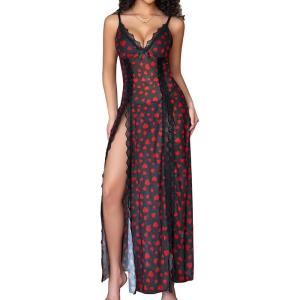 imageAvidlove Women Lingerie Lace Babydoll Chemise Sexy Mesh Nightdress V Neck Nightwear Side Split NightgownBlack Love Heart Print