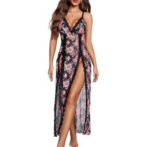 imageAvidlove Women Lingerie Lace Babydoll Chemise Sexy Mesh Nightdress V Neck Nightwear Side Split NightgownBlack Rose Floral