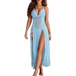imageAvidlove Women Lingerie Lace Babydoll Chemise Sexy Mesh Nightdress V Neck Nightwear Side Split NightgownLight Blue