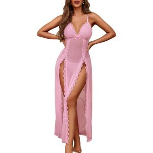 imageAvidlove Women Lingerie Lace Babydoll Chemise Sexy Mesh Nightdress V Neck Nightwear Side Split NightgownPink
