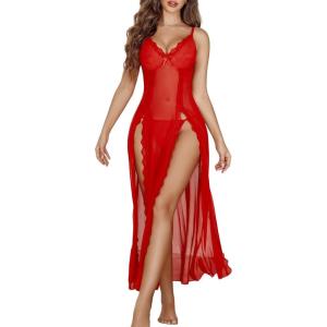 imageAvidlove Women Lingerie Lace Babydoll Chemise Sexy Mesh Nightdress V Neck Nightwear Side Split NightgownRed