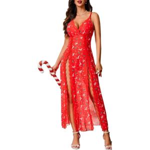 imageAvidlove Women Lingerie Lace Babydoll Chemise Sexy Mesh Nightdress V Neck Nightwear Side Split NightgownRed Christams Print
