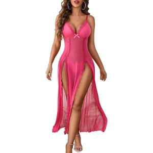 imageAvidlove Women Lingerie Lace Babydoll Chemise Sexy Mesh Nightdress V Neck Nightwear Side Split NightgownRose Red