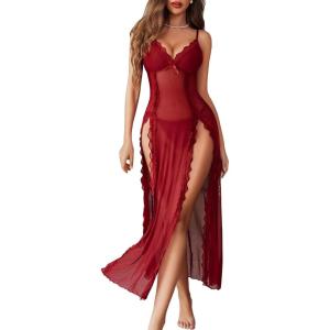 imageAvidlove Women Lingerie Lace Babydoll Chemise Sexy Mesh Nightdress V Neck Nightwear Side Split NightgownWine Red
