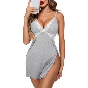 imageAvidlove Women Lingerie Lace Chemise Sexy Nightgown Modal Babydoll Side Slit SleepwearGreywhite