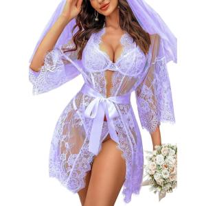 imageAvidlove Womens Lace Kimono Robe Babydoll Lingerie Mesh Nightgown S5XLLilac