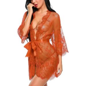 imageAvidlove Womens Lace Kimono Robe Babydoll Lingerie Mesh Nightgown S5XLOrange